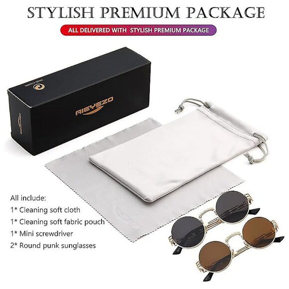 Round Steampunk Sunglasses 2 Pack (Gold/Grey + Gold/Brown) - Picture 7 of 7